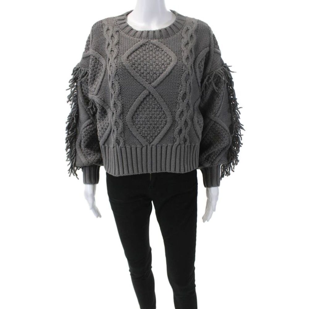 Line And Dot Womens Round Neck Long Sleeves Fringe Pullover Sweater Gray Size XS